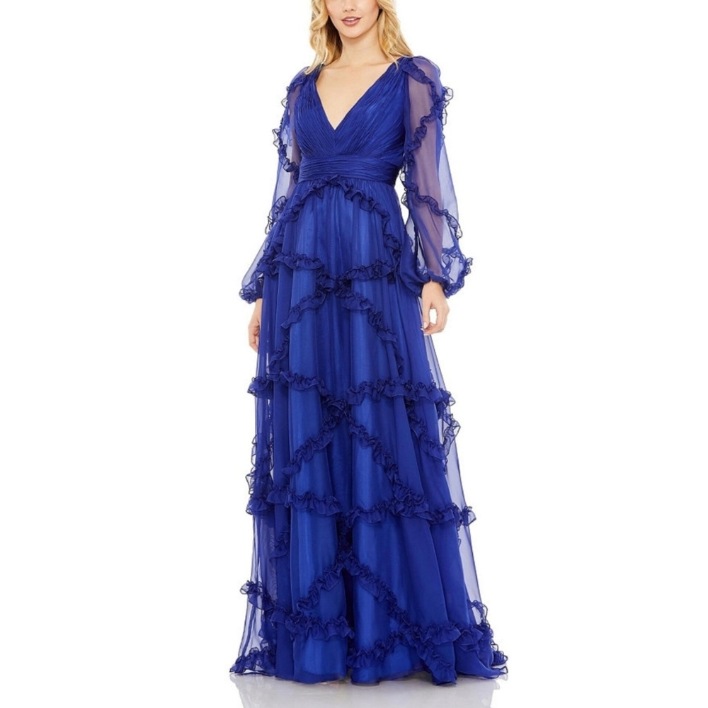 Mac Duggal Cascade Ruffle Puff Sleeve Gown